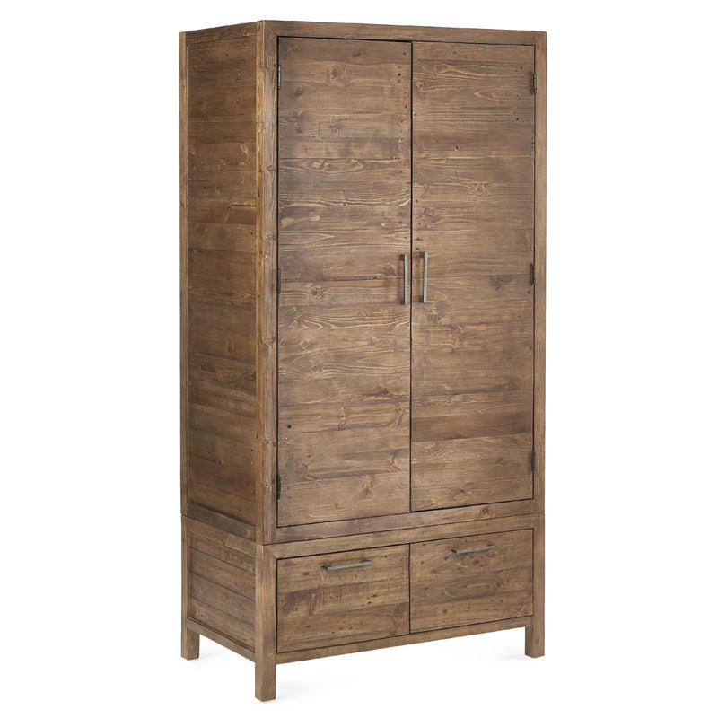 Wooden wardrobe with two doors and drawers on a white background