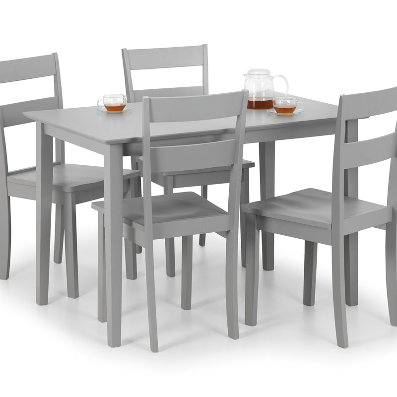 Gray dining table with four matching chairs on a white background