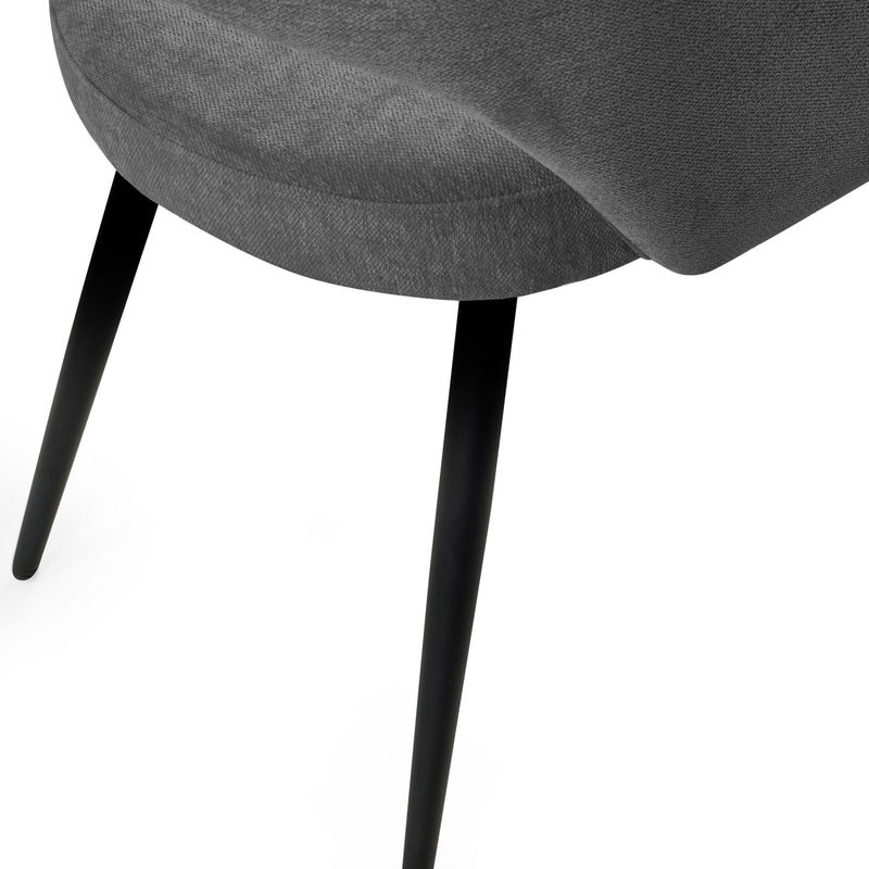 Gray upholstered chair with black legs on a white background