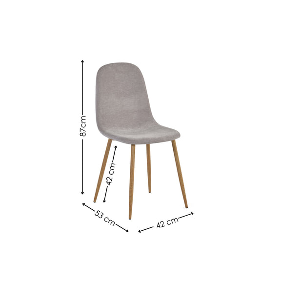 Gray chair with dimensions indicated on a white background
