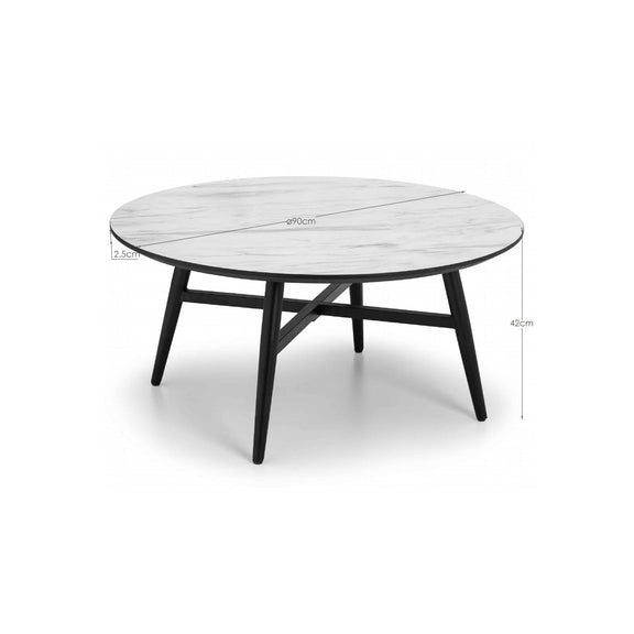 Round coffee table with marble top and black metal legs on a white background