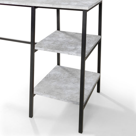 Three-tiered table with concrete-like top and black metal frame on a white background