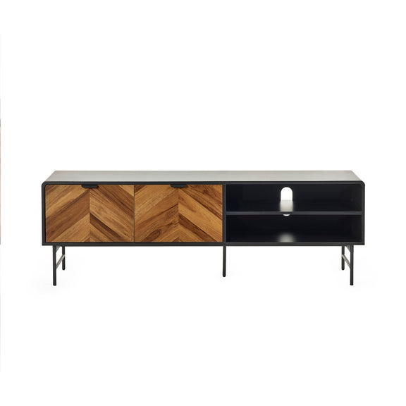Wooden entertainment console with black accents on a white background