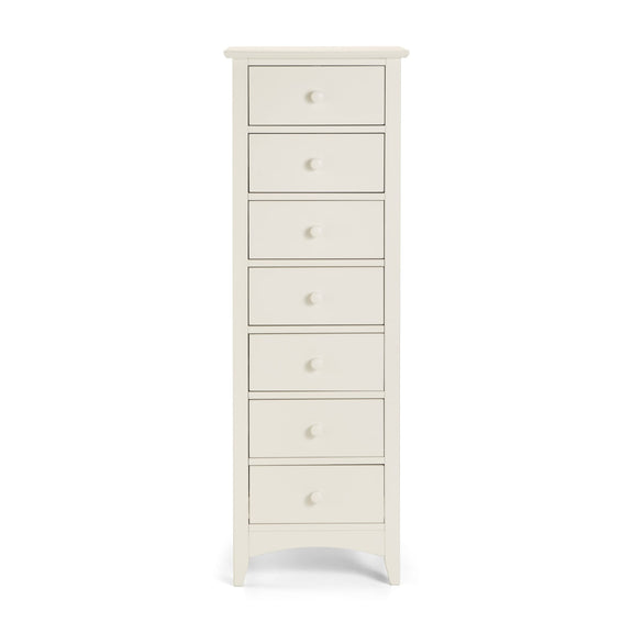 White wooden dresser with multiple drawers on a white background