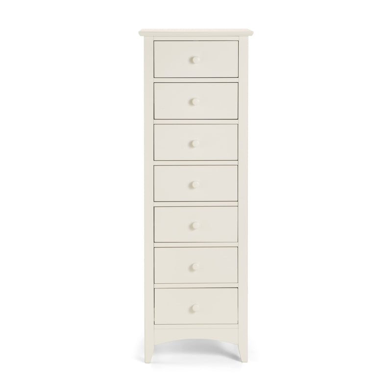 White wooden dresser with multiple drawers on a white background
