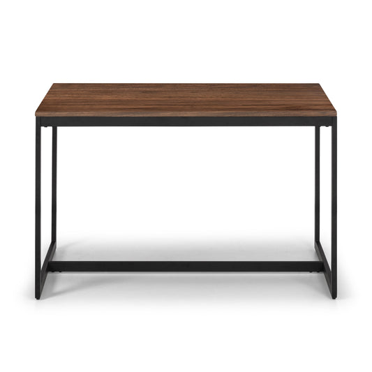 Wooden table with black metal legs on a white background