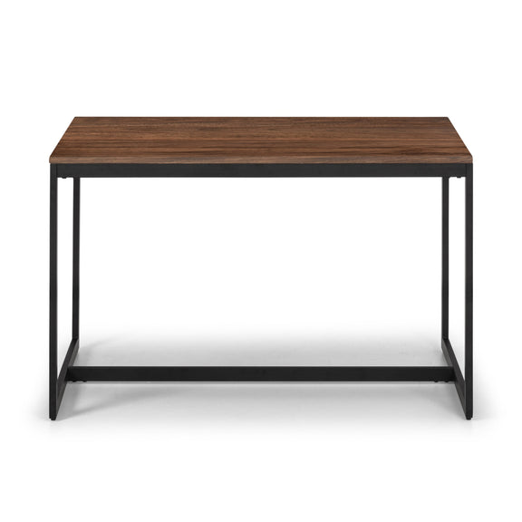 Wooden table with black metal legs on a white background
