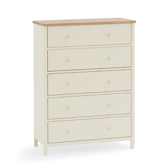 White dresser with four drawers and a wooden top on a white background
