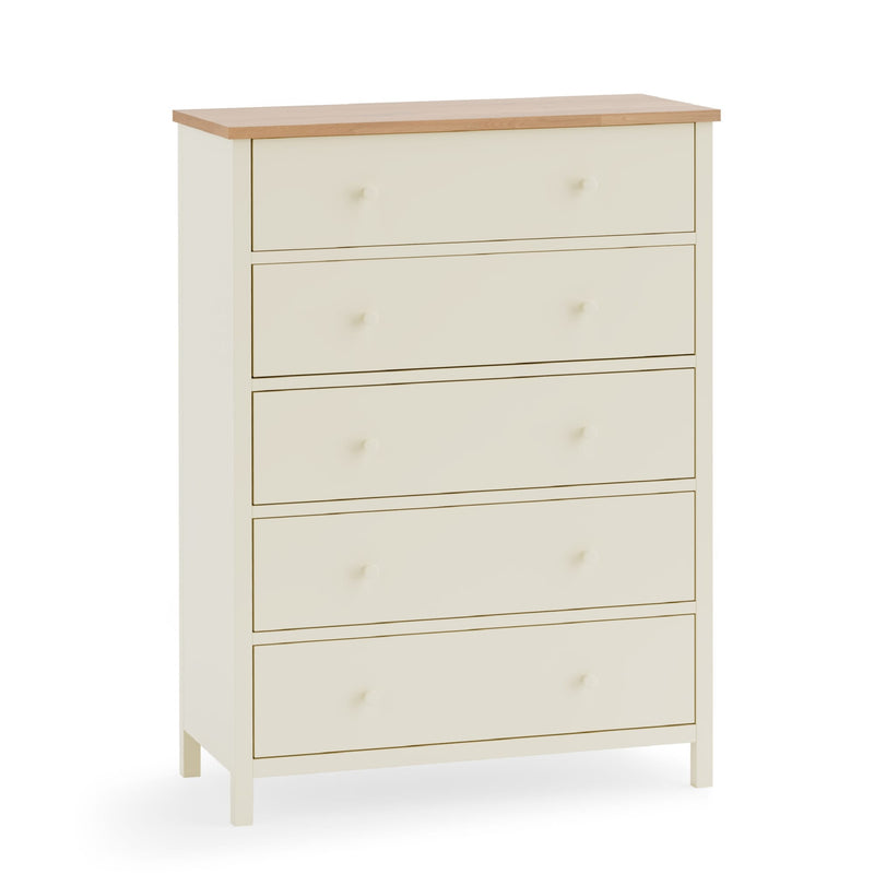 White dresser with four drawers and a wooden top on a white background
