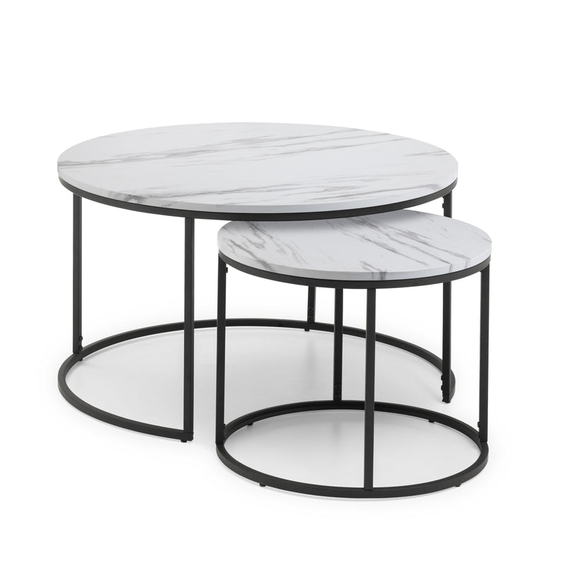 Set of three round marble coffee tables with black metal frames on a white background