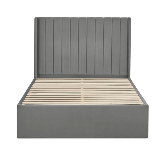 Gray upholstered bed frame with wooden slats on a white background