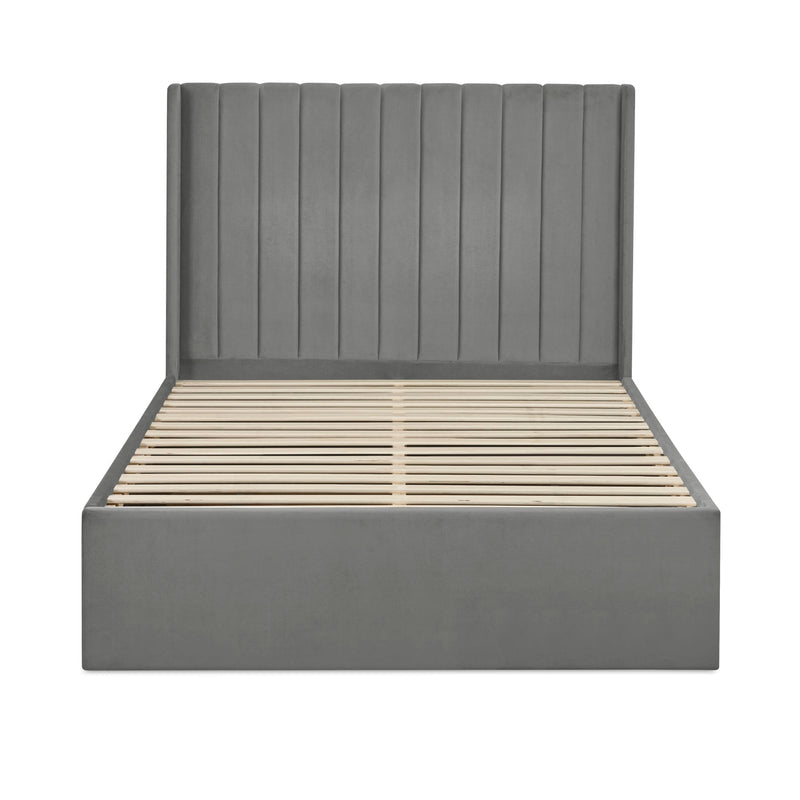 Gray upholstered bed frame with wooden slats on a white background