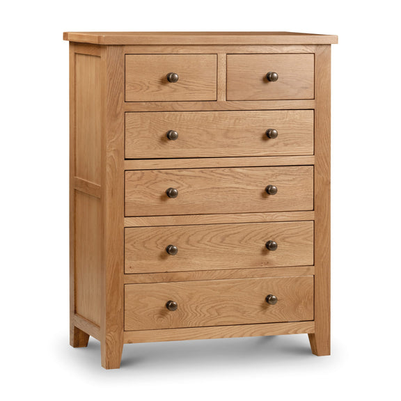 Wooden dresser with five drawers on a white background