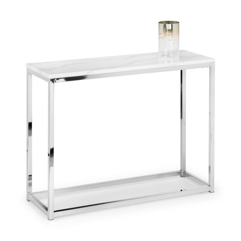 White console table with a clear glass top on a white background