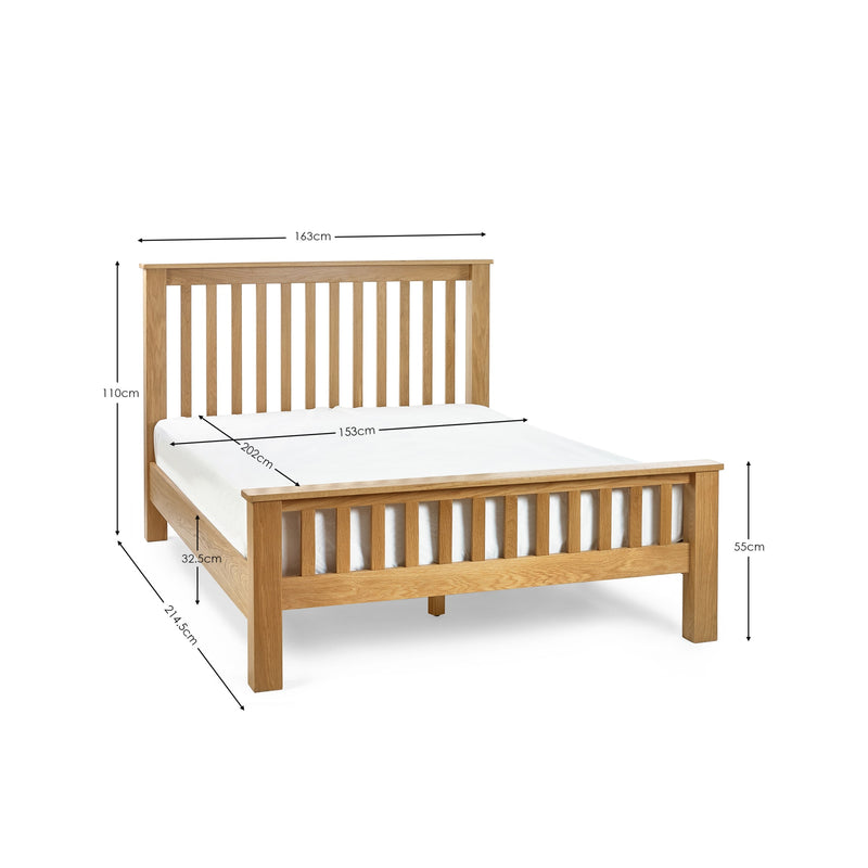 Wooden bed frame with dimensions on a white background