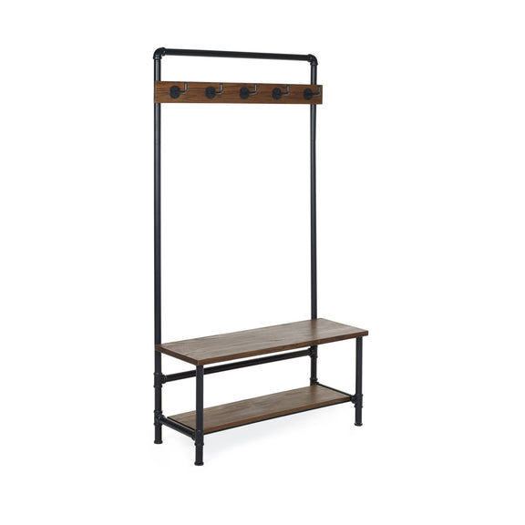 Clothing rack with a wooden shelf on a white background