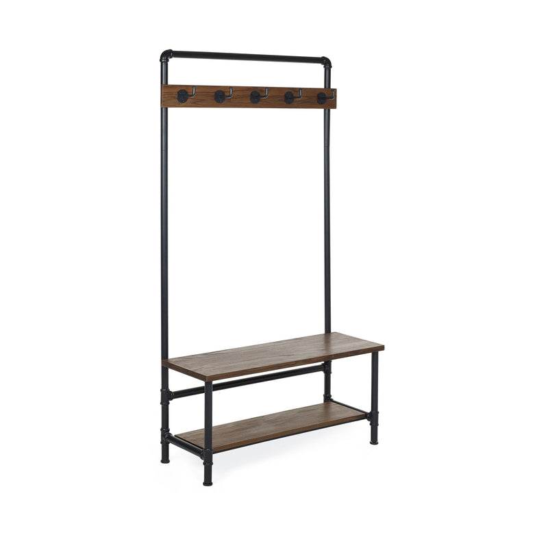 Clothing rack with a wooden shelf on a white background