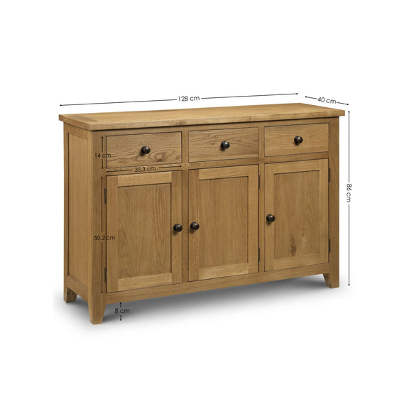 Wooden sideboard with dimensions on a white background