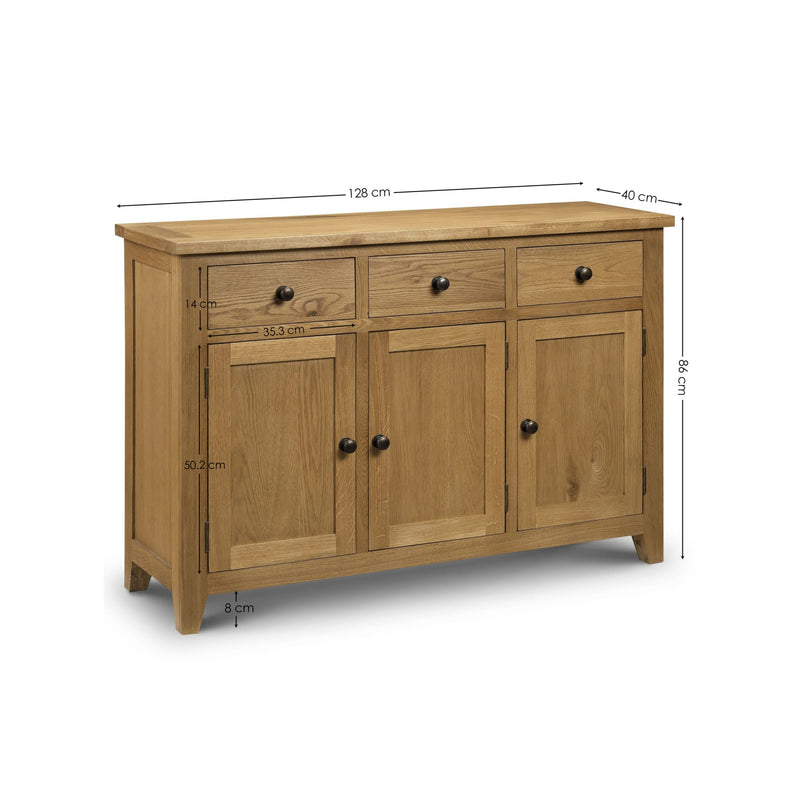 Wooden sideboard with dimensions on a white background