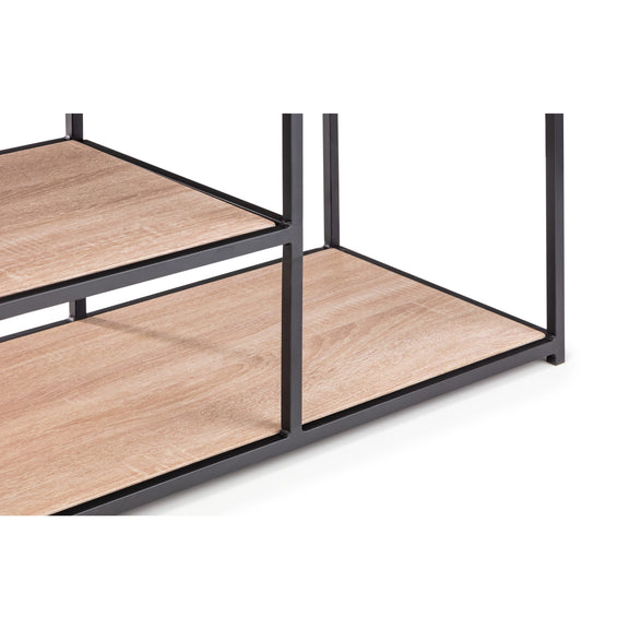 Bed frame with wooden slats on a white background