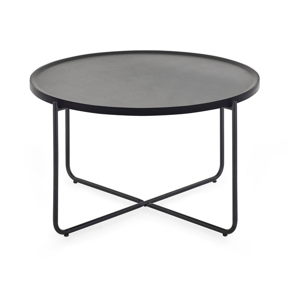 Round black coffee table with a metal frame on a white background