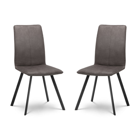 Two gray upholstered chairs with black legs on a white background