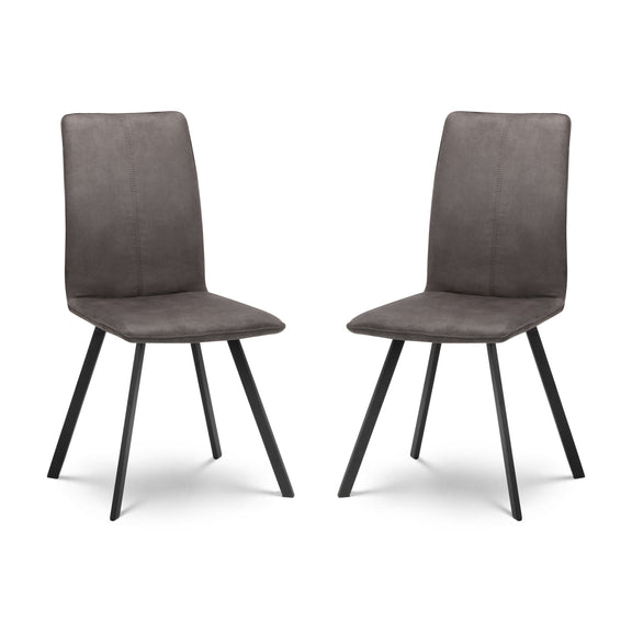 Two gray upholstered chairs with black legs on a white background