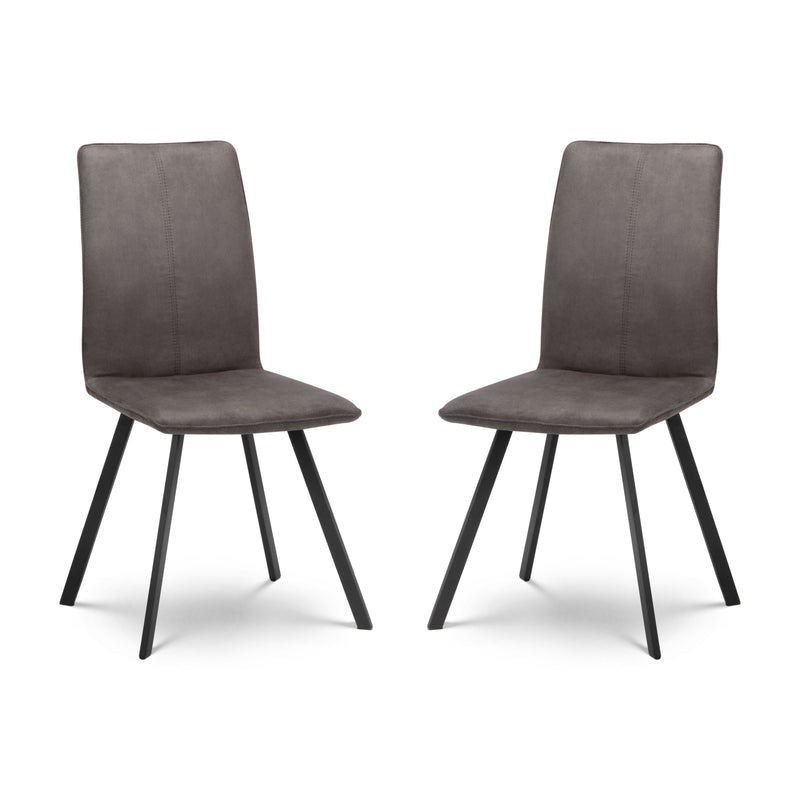 Two gray upholstered chairs with black legs on a white background