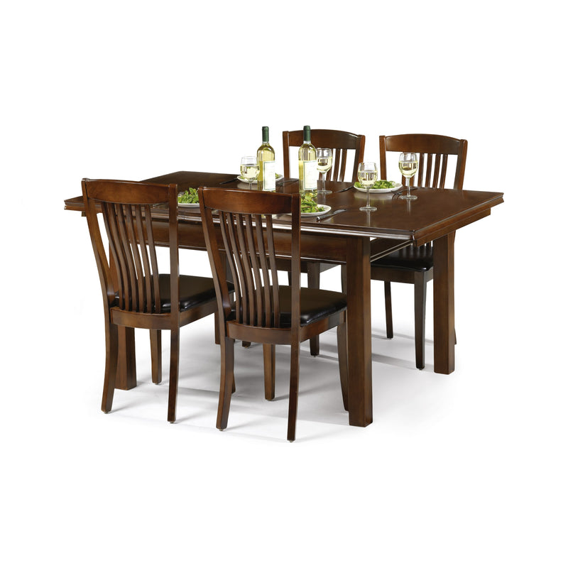 Wooden dining table set with chairs on a white background