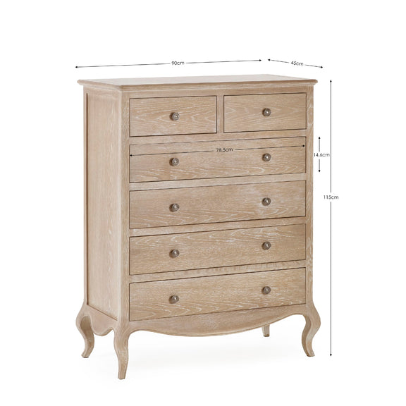 Wooden dresser with dimensions on a white background