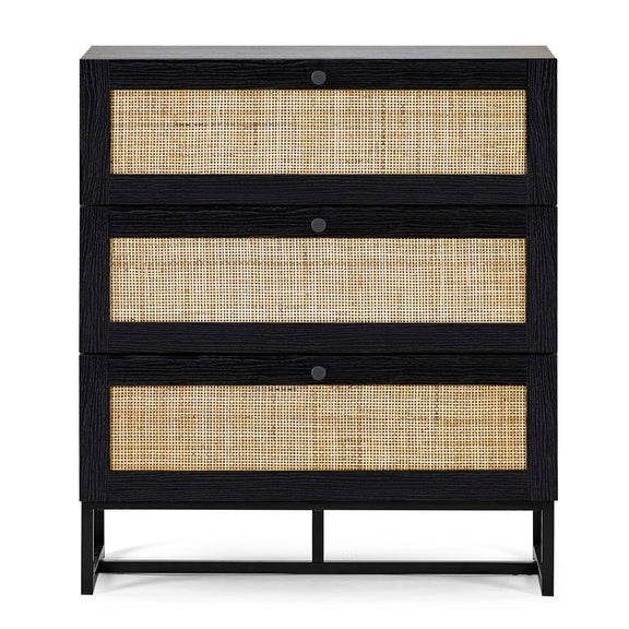 Black dresser with rattan drawers on a white background
