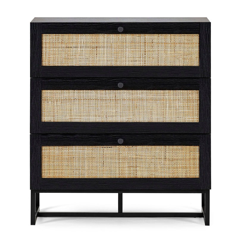 Black dresser with rattan drawers on a white background