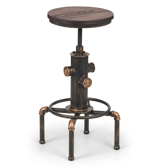 Wooden stool with industrial-style metal base on a white background
