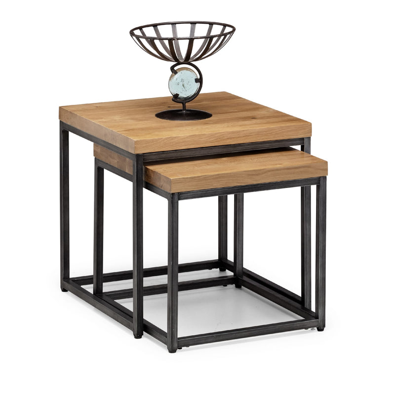 Set of two nesting tables with wooden tops and metal frames on a white background