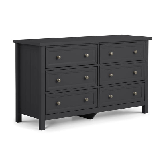 Black dresser with six drawers on a white background