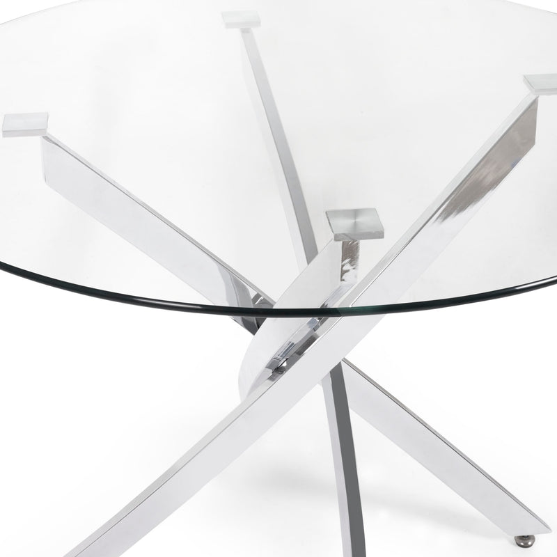 Glass dining table with white metal frame on a white background