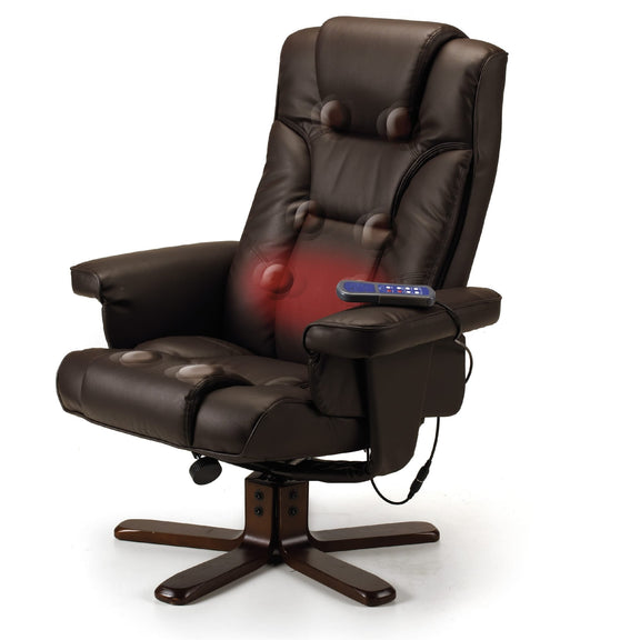 Brown massage chair with remote control on a white background