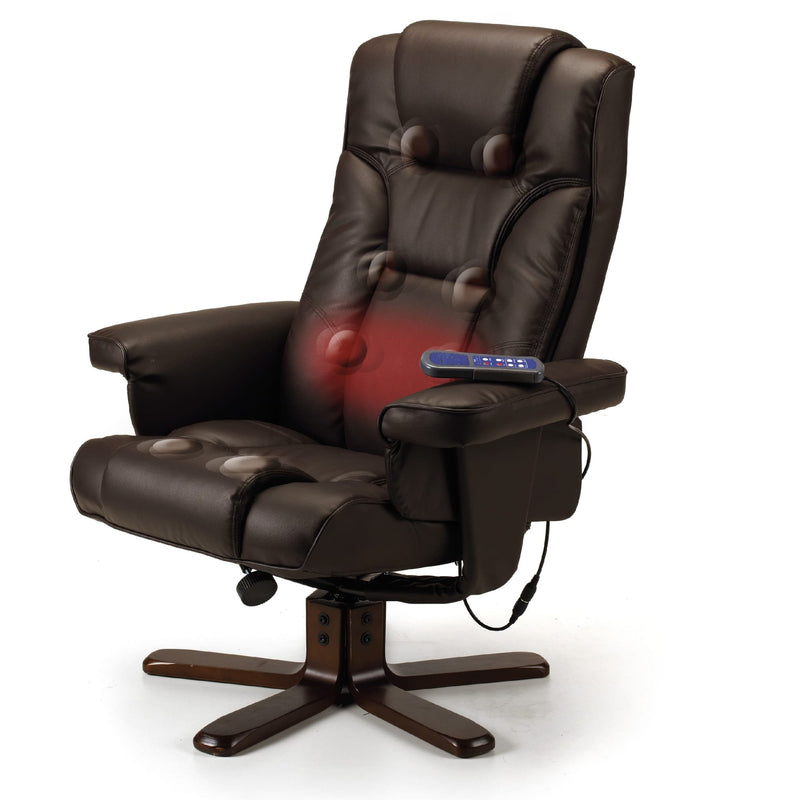 Brown massage chair with remote control on a white background