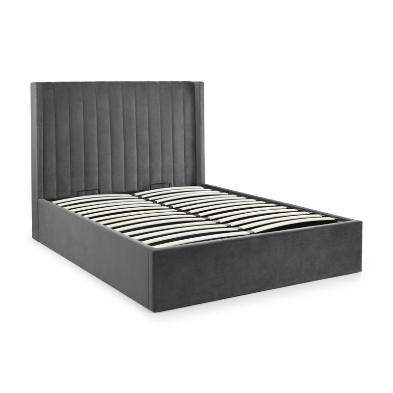 Black upholstered bed frame on a white background