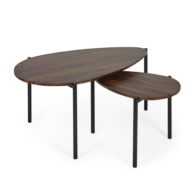 Set of two wooden tables with black metal legs on a white background