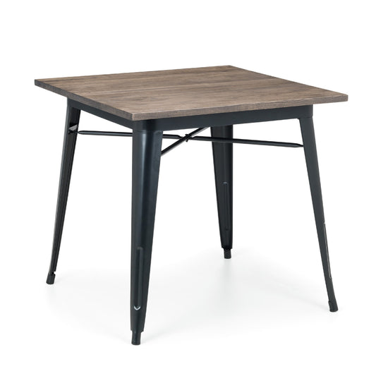 Square table with wooden top and metal legs on a white background