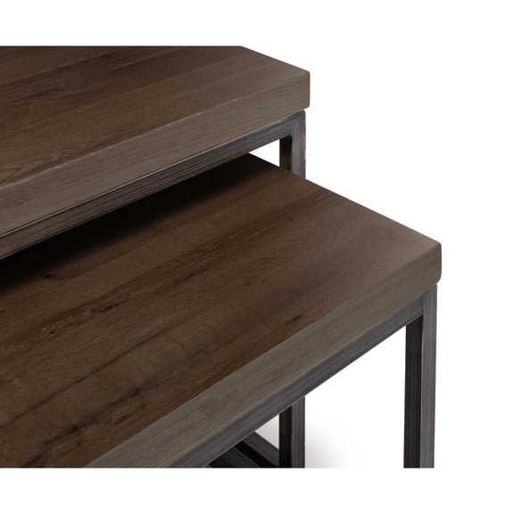 Two wooden tables with metal legs on a white background
