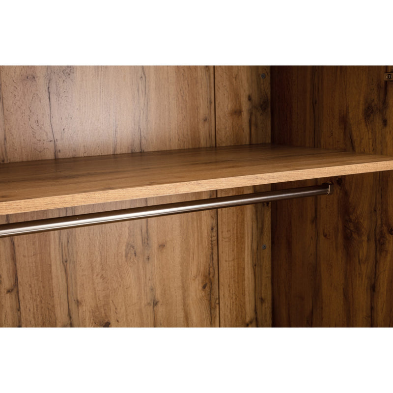 Wooden wardrobe with a metal rod on a white background