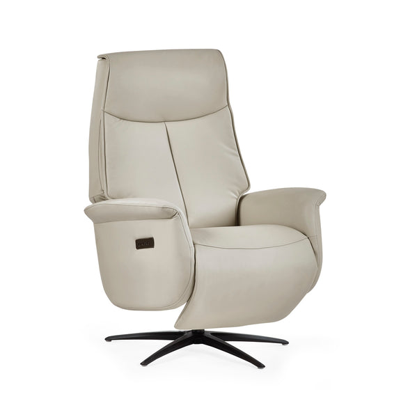 Beige recliner chair with a black swivel base on a white background