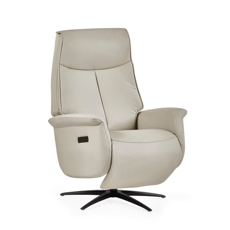 Beige recliner chair with a black swivel base on a white background