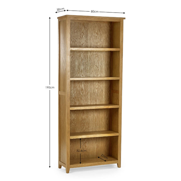 Wooden bookshelf with dimensions on a white background