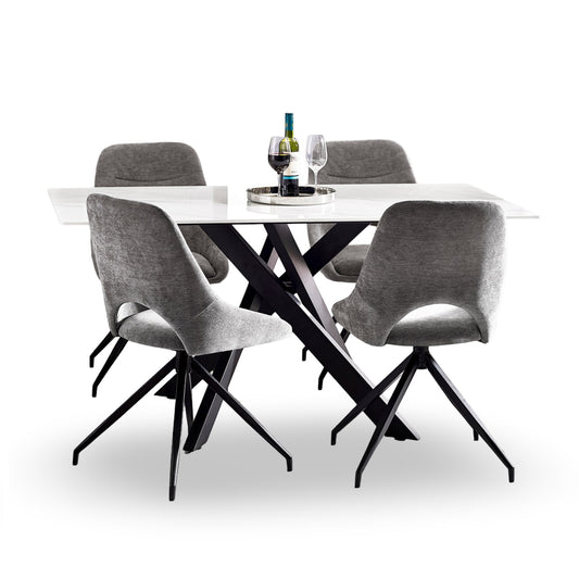 Dining table set with four gray chairs on a white background