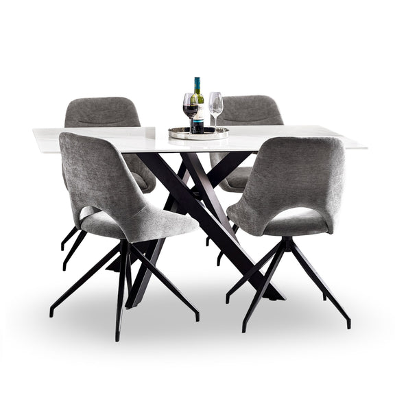 Dining table set with four gray chairs on a white background