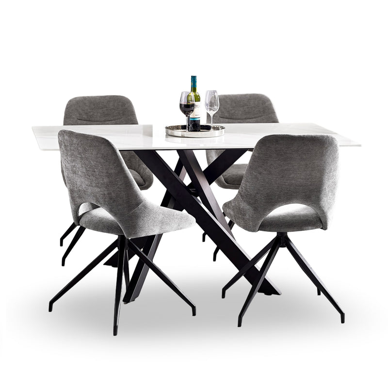 Dining table set with four gray chairs on a white background