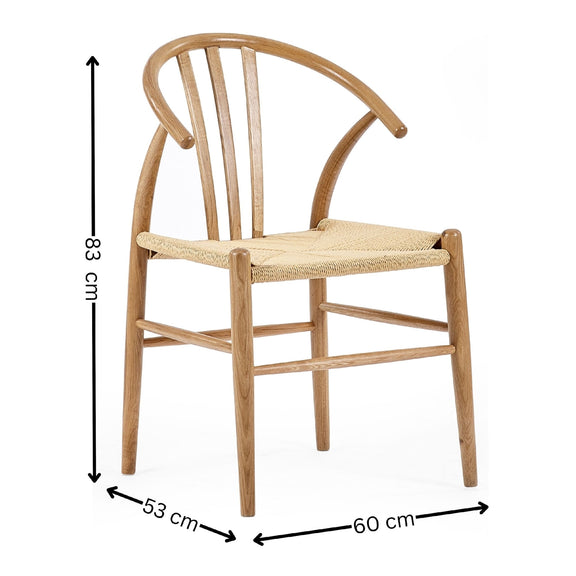 Wooden chair with dimensions labeled on a white background